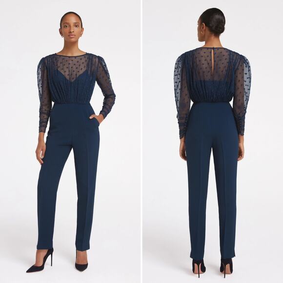 Saloni Bernadette Jumpsuit in Navy Blue Size 2 Sheer Embroidered Dot Chic Sexy - Picture 1 of 16